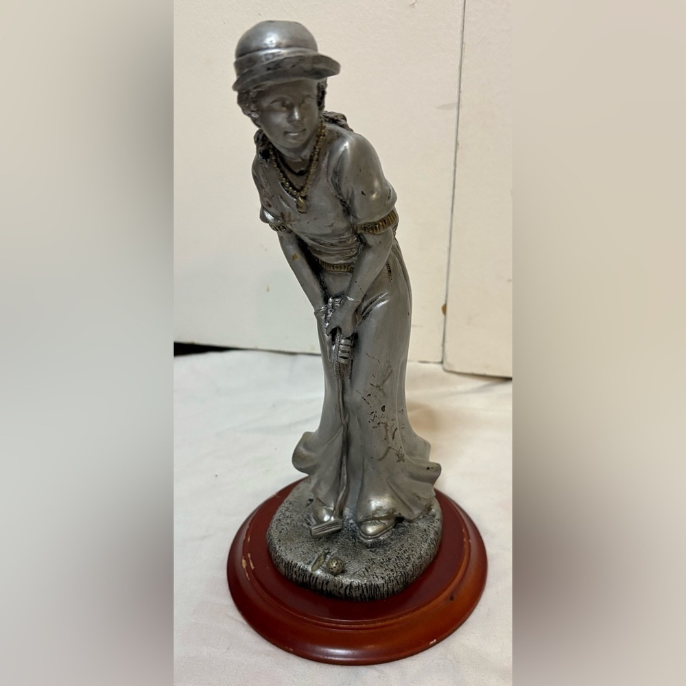 Vintage Pewter Lady Golfer Statue Figurine